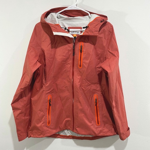 Orvis Womens Jacket Full Zip Hooded Waterproof Raincoat Hiking Orange Medium - Picture 1 of 7
